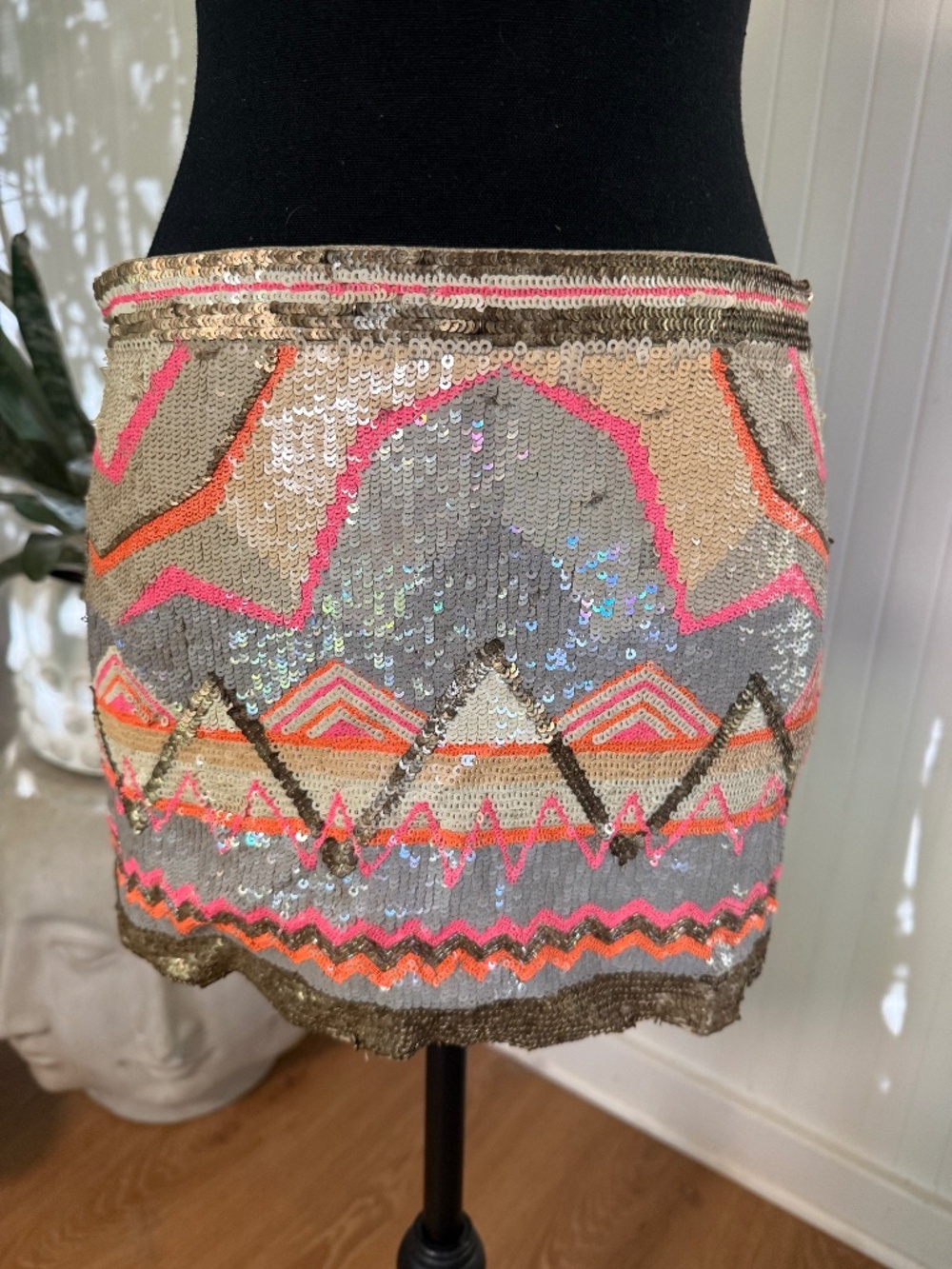 AllSaints Spitalfields Sequin Mini Skirt Aztec Geometric Sz 8 (Fits 0-6)